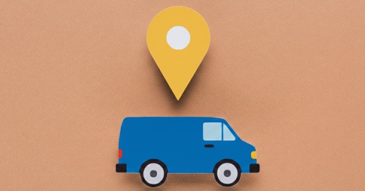 Van ilustrativa de envios com pin de localização representando consulta CEP