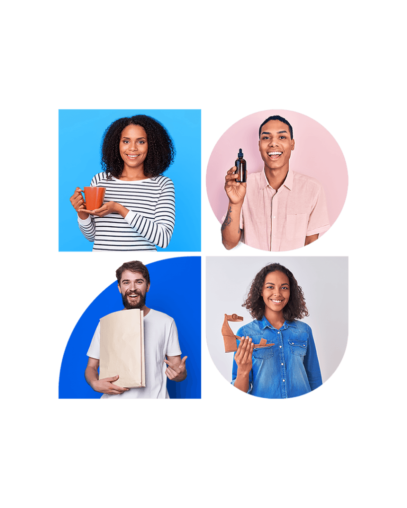 Uma mulher com uma caneca marrom, um homem com um frasco de vidro marrom, um homem com uma sacola branca e uma mulher com uma sandália marrom.