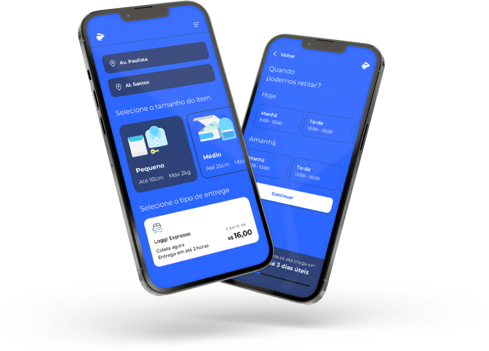 Celulares apresentando aplicativo de envios Loggi com o serviço Loggi Expresso